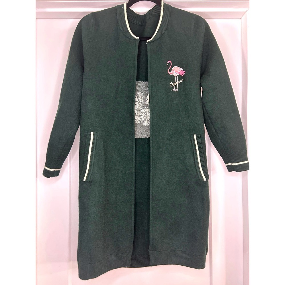Doomland Flamingo Longline Knit Cardigan Green Varsity Bomber Style Sweater
